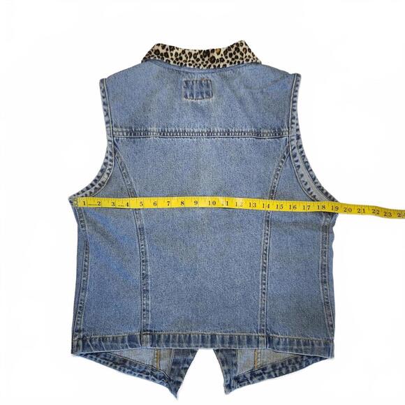 SOLUTIONS Blues Denim Vest with Leopard Print Collar L - Picture 6 of 6